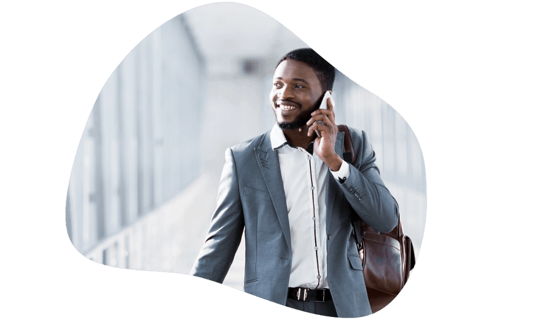 African-American male on mobile cell phone app making a business phone service call